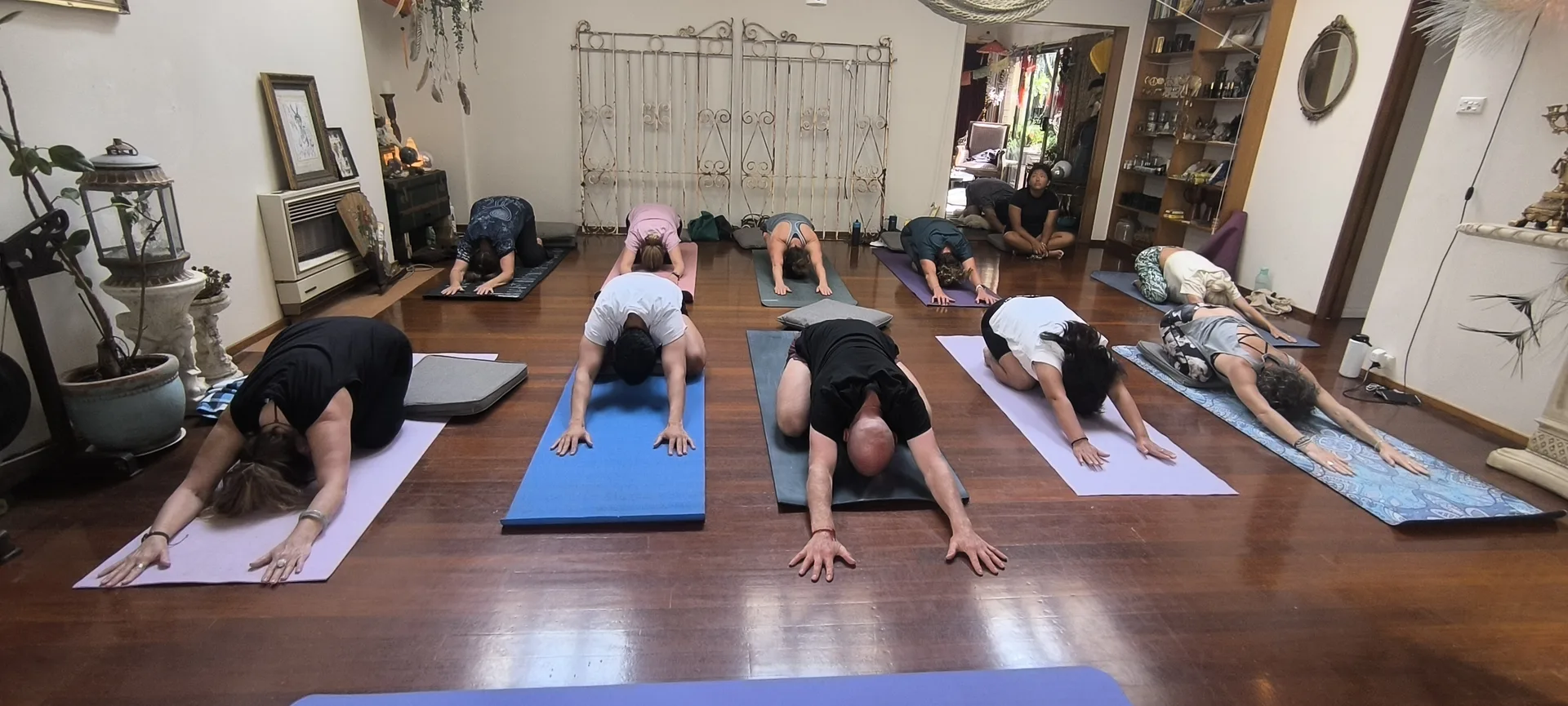 Community yoga practice with partner-assisted stretching